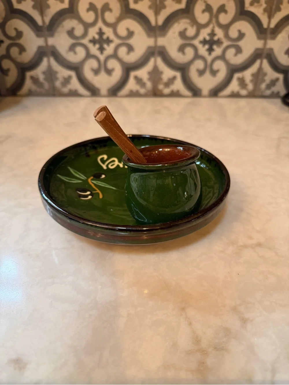 VINTAGE POTTERY- Green Olive Serving Dish with Tooth Pick Cup & Wooden Forks